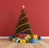 Christmas Tree On Wood Floor  With Red Wall For Photo Backdrop Shopbackdrop